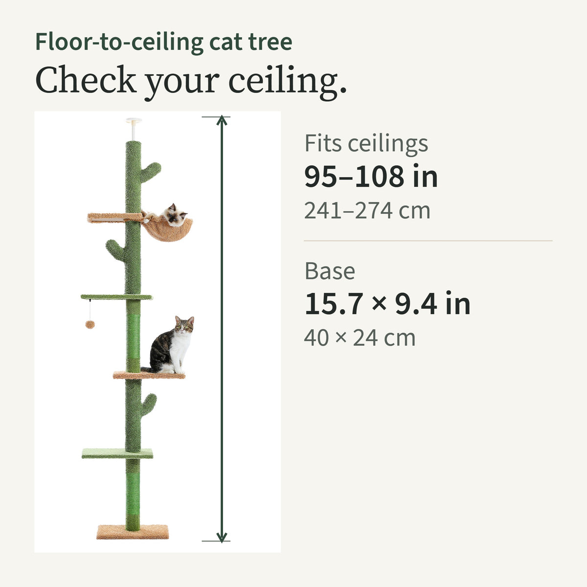 Ceiling card: fits ceilings 95 to 108 in, base 15.7 by 9.4 in