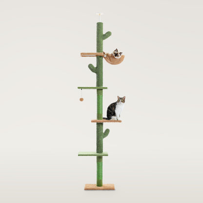 Green cactus floor-to-ceiling cat tree with five levels, a hammock and two cats