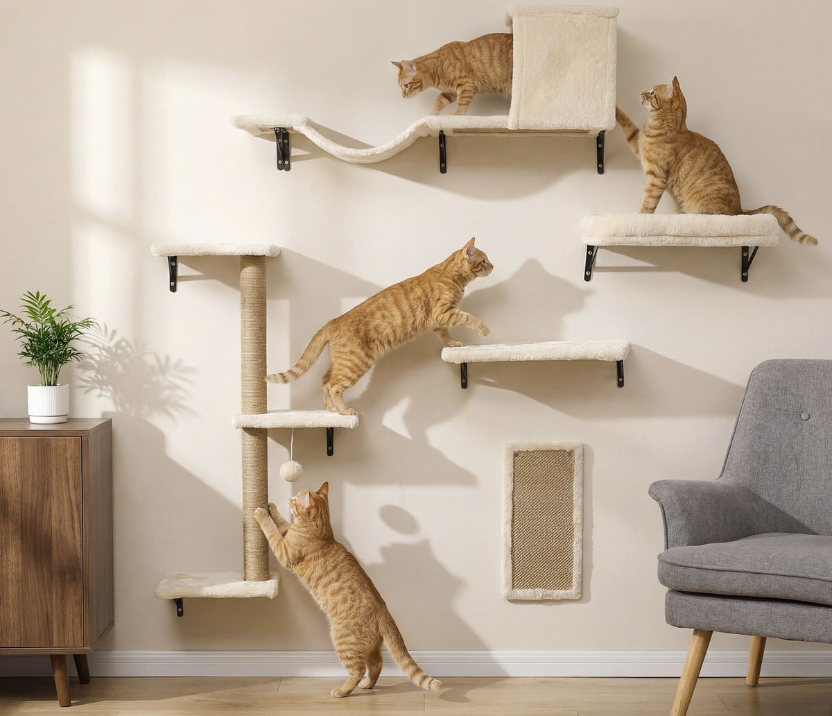 The beige wall set with four orange tabby cats on the bridge, shelves and jute post, beside a grey armchair