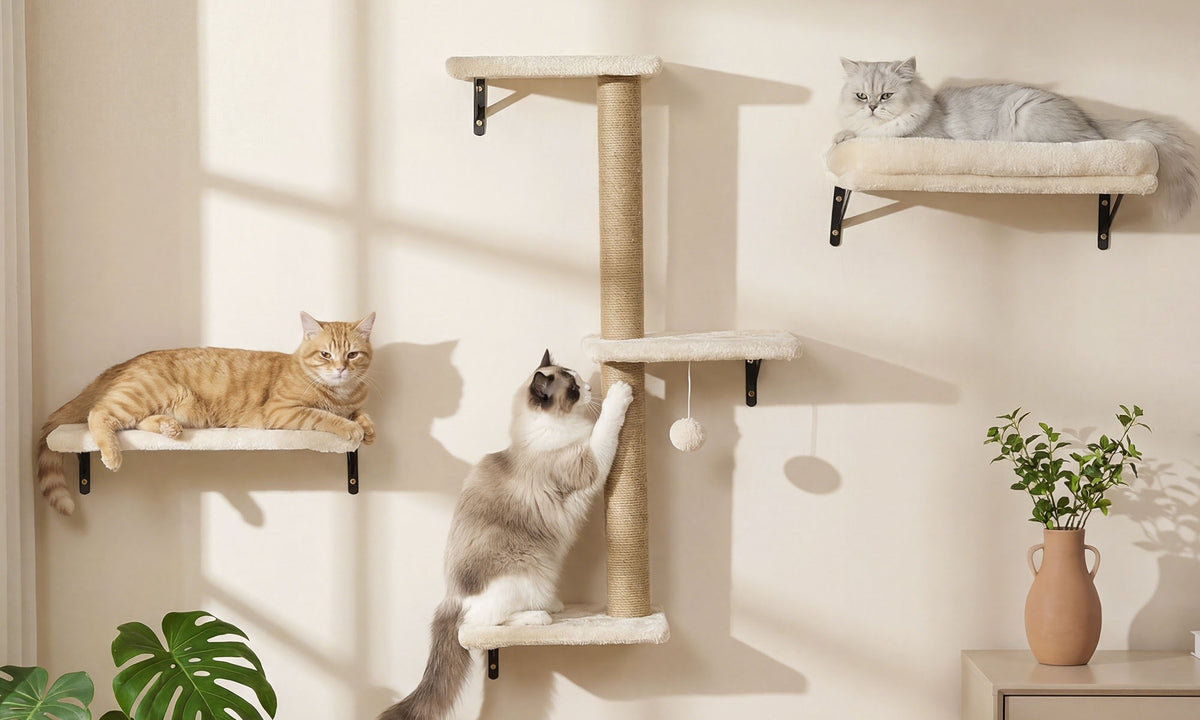 Jute post with three plush boards and a pom-pom, a sofa-bed shelf and a jump shelf, with three cats