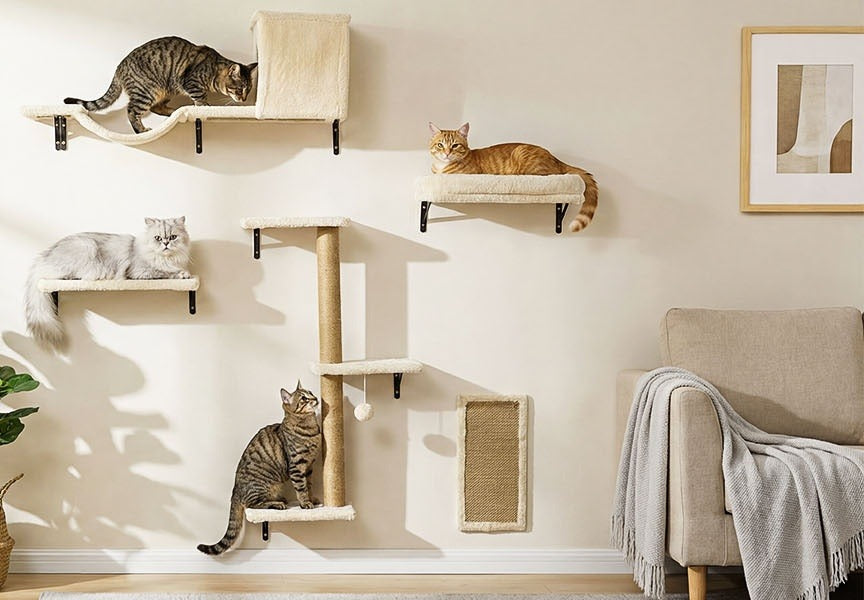 Full beige wall set beside an armchair: cave and bridge, shelves, jute post and scratch board, four cats