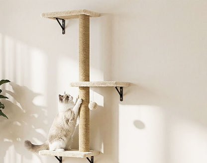 Jute post with plush boards and a hanging pom-pom; a ragdoll cat scratches the post