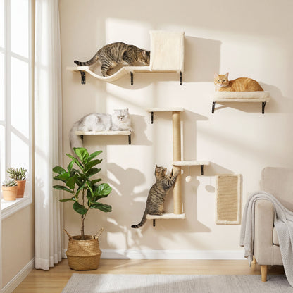 Beige wall-mounted cat set: cave with curved bridge, sofa-bed shelf, jump shelf, jute post, scratch board; four cats