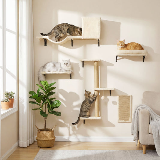 Beige wall-mounted cat set: cave with curved bridge, sofa-bed shelf, jump shelf, jute post, scratch board; four cats