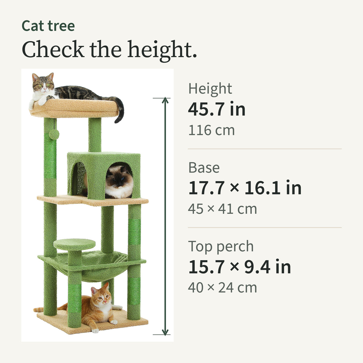 Height card: 45.7 in tall, base 17.7 by 16.1 in, top perch 15.7 by 9.4 in