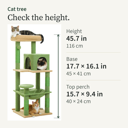 Height card: 45.7 in tall, base 17.7 by 16.1 in, top perch 15.7 by 9.4 in