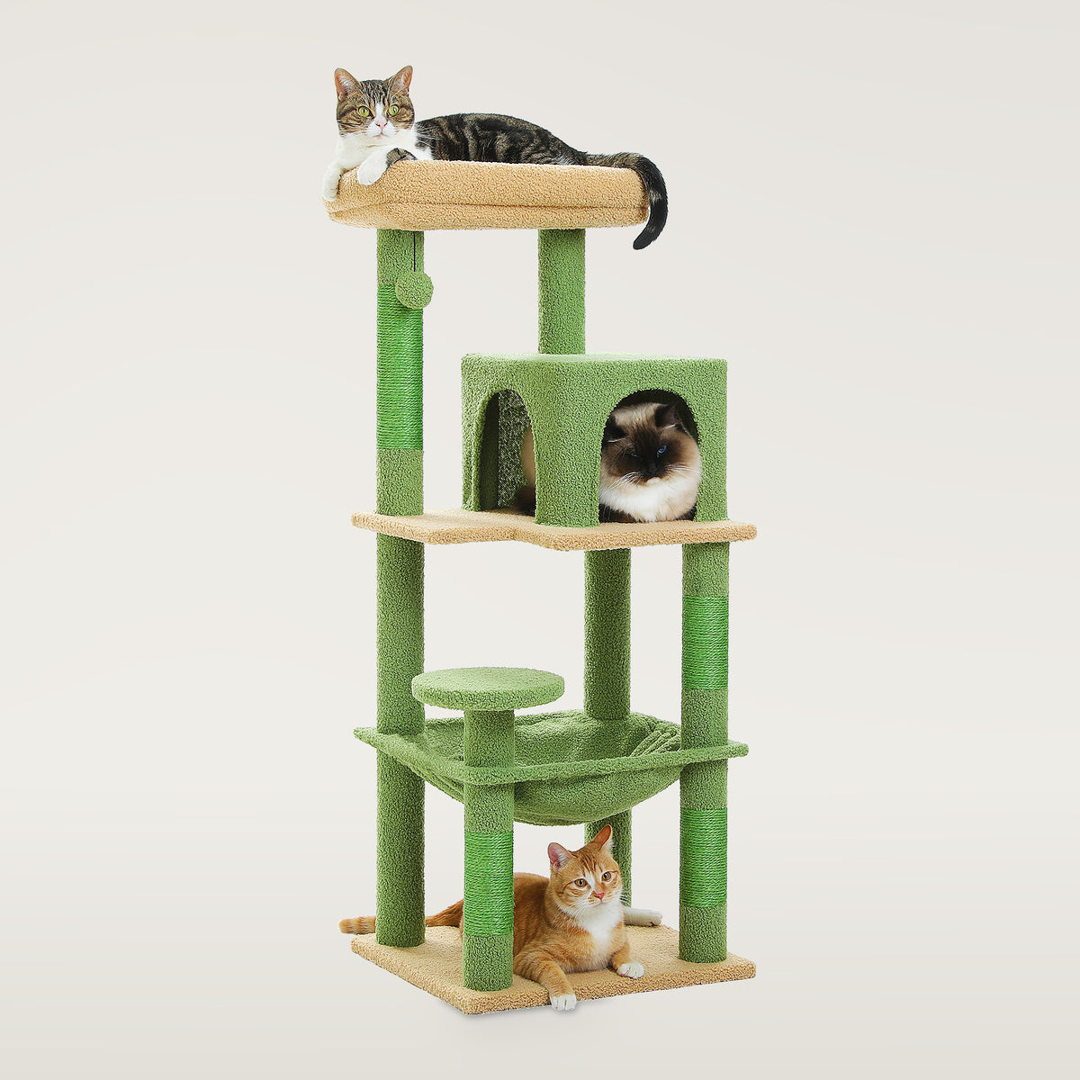 Green five-level cat tree with a condo, hammock, round perch, sisal posts and three cats