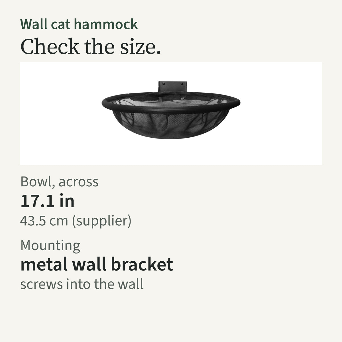 Size card: bowl 17.1 in (43.5 cm) across; metal wall bracket