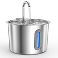 Round stainless steel cat water fountain with a curved faucet spout and a blue water-level window