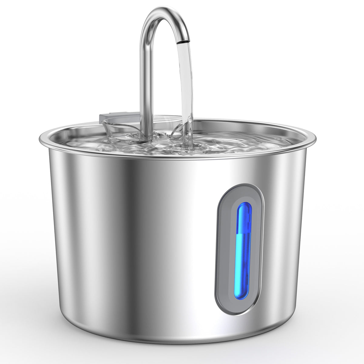 Round stainless steel cat water fountain with a curved faucet spout and a blue water-level window