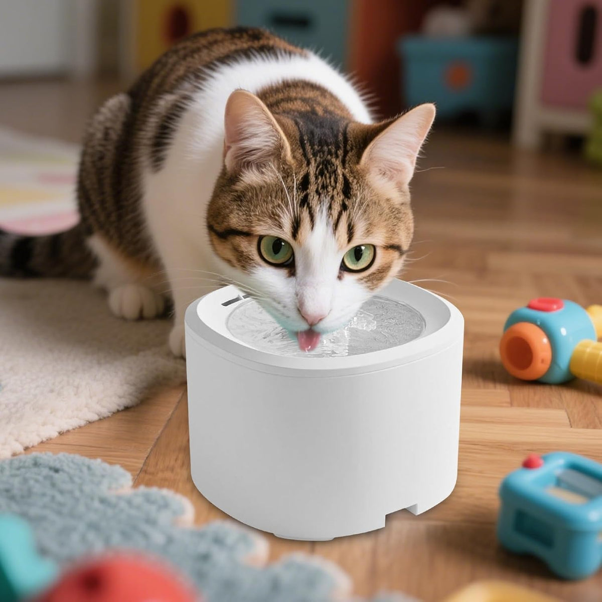 Tabby and white cat drinking from a round white water fountain on a wooden floor