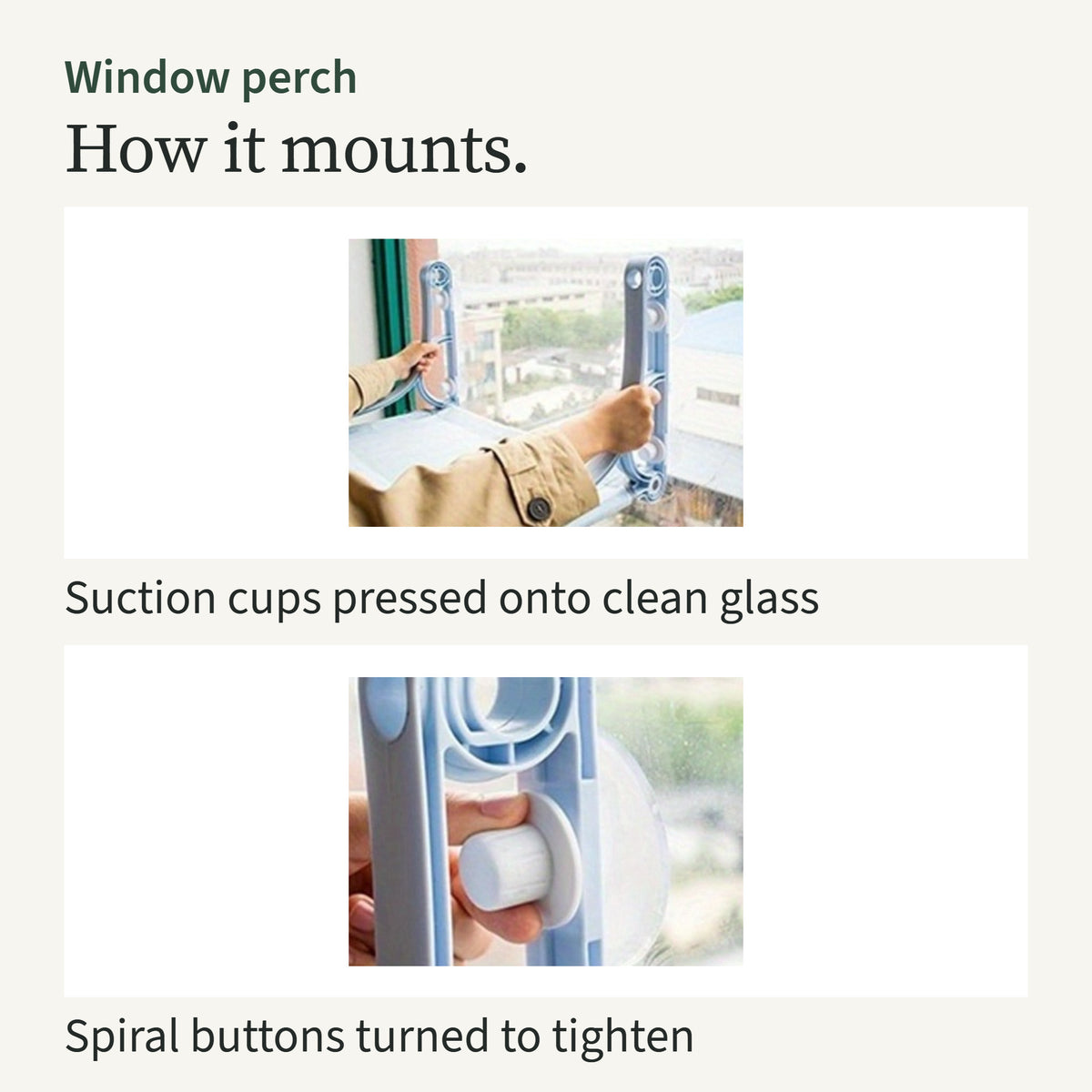 Hands pressing the suction cups onto window glass, and turning a spiral button to tighten
