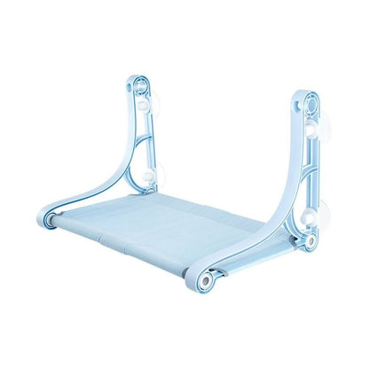 Light-blue window perch with a canvas sling and four suction cups