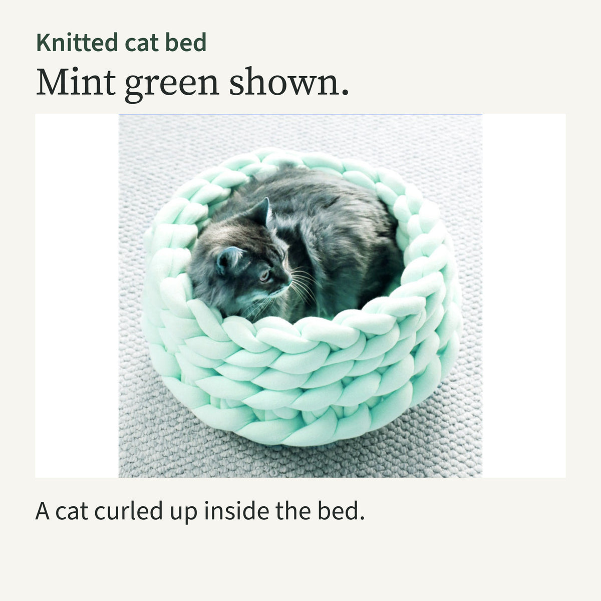 A cat curled up inside the mint green knitted bed