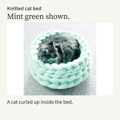 A cat curled up inside the mint green knitted bed