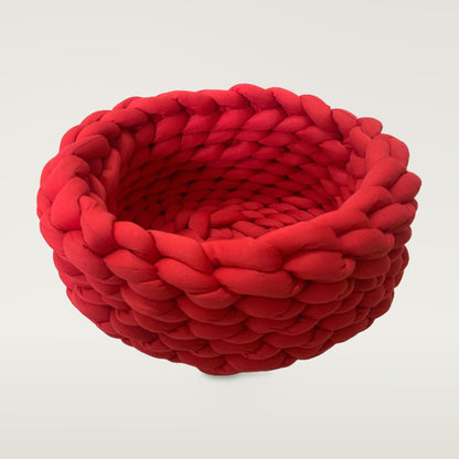 Red chunky knitted round cat bed