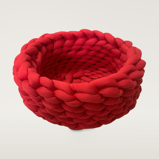 Red chunky knitted round cat bed