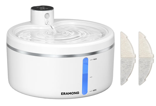 White ERAMONG round water fountain with a blue water-level window, beside two filter cartridges, on white