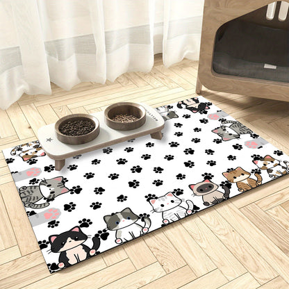 White cat mat printed with cartoon cats and black paw prints under a raised two-bowl stand on a wood floor
