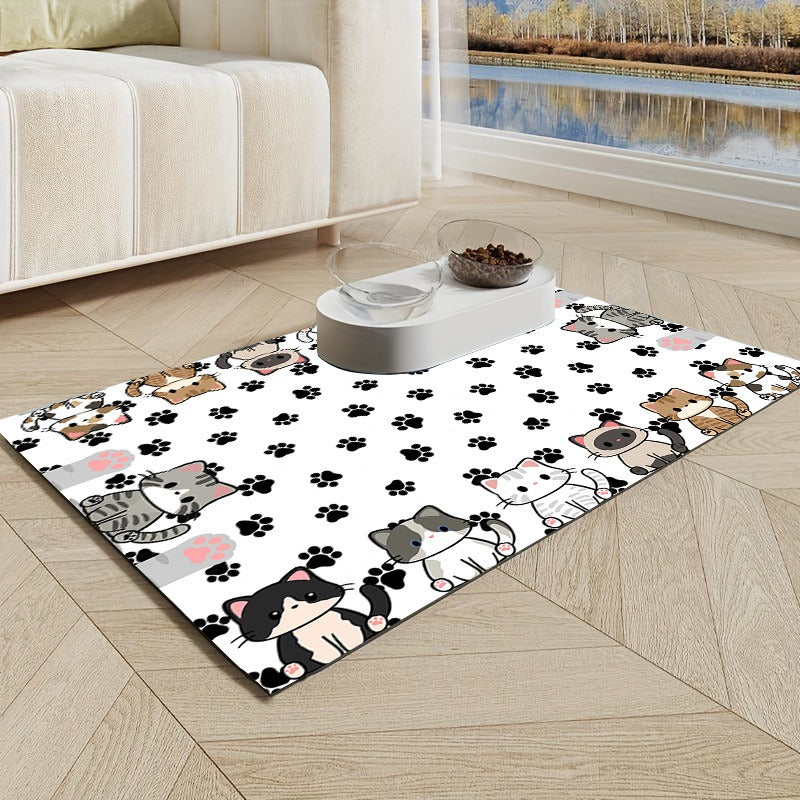 Cartoon cat and paw print mat with a white two-bowl feeder on a light wood floor in a living room