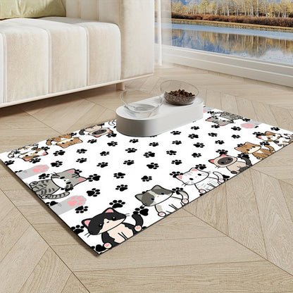 Cartoon cat and paw print mat with a white two-bowl feeder on a light wood floor in a living room