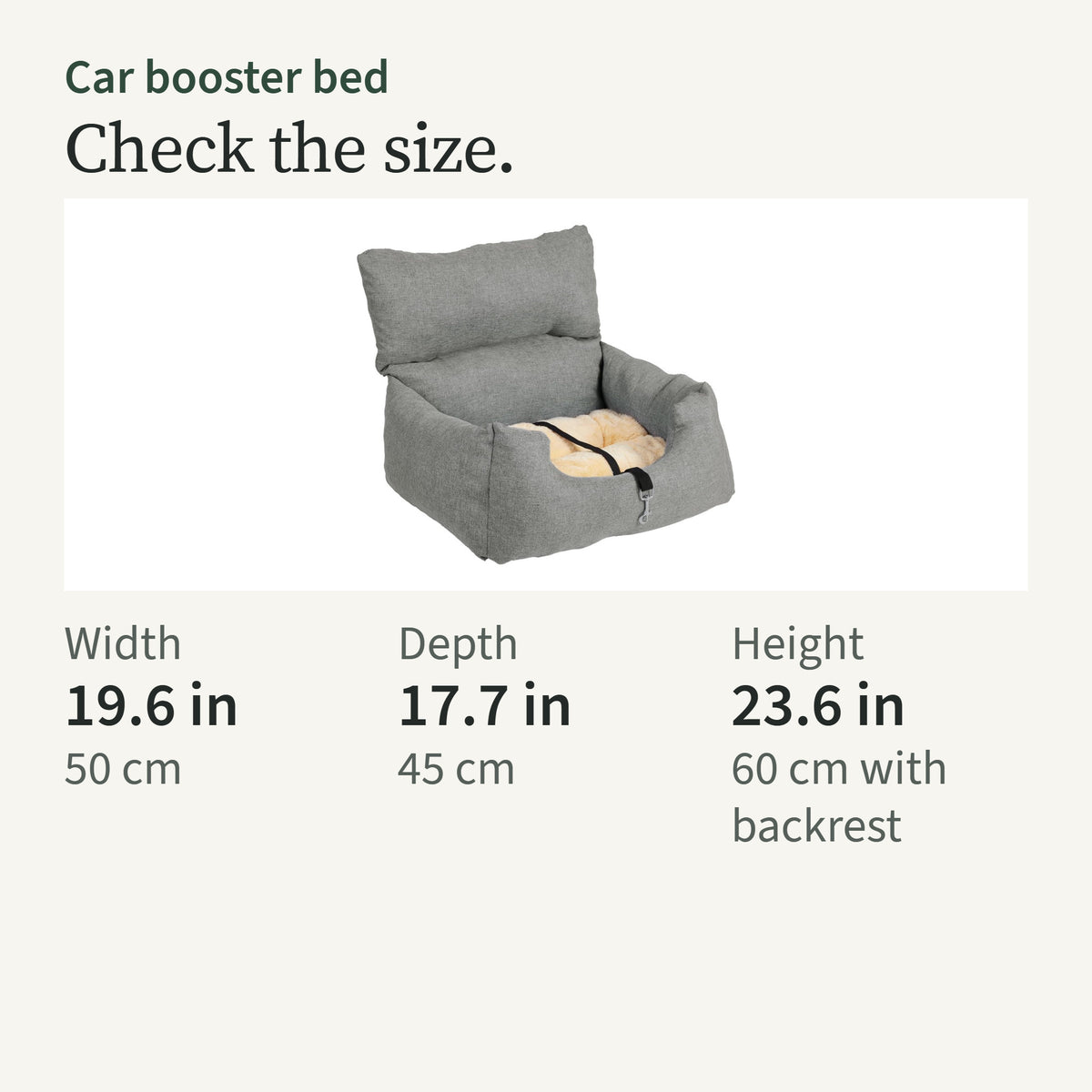 Size card: 19.6 by 17.7 in, 23.6 in high with the backrest