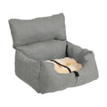 Grey plush car booster bed with a backrest pillow, a cream fleece cushion and a tether strap with a clip