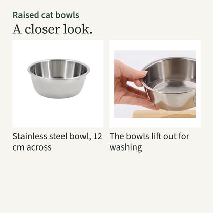 Close-ups of one stainless steel bowl, and a hand lifting a bowl out of the bamboo top