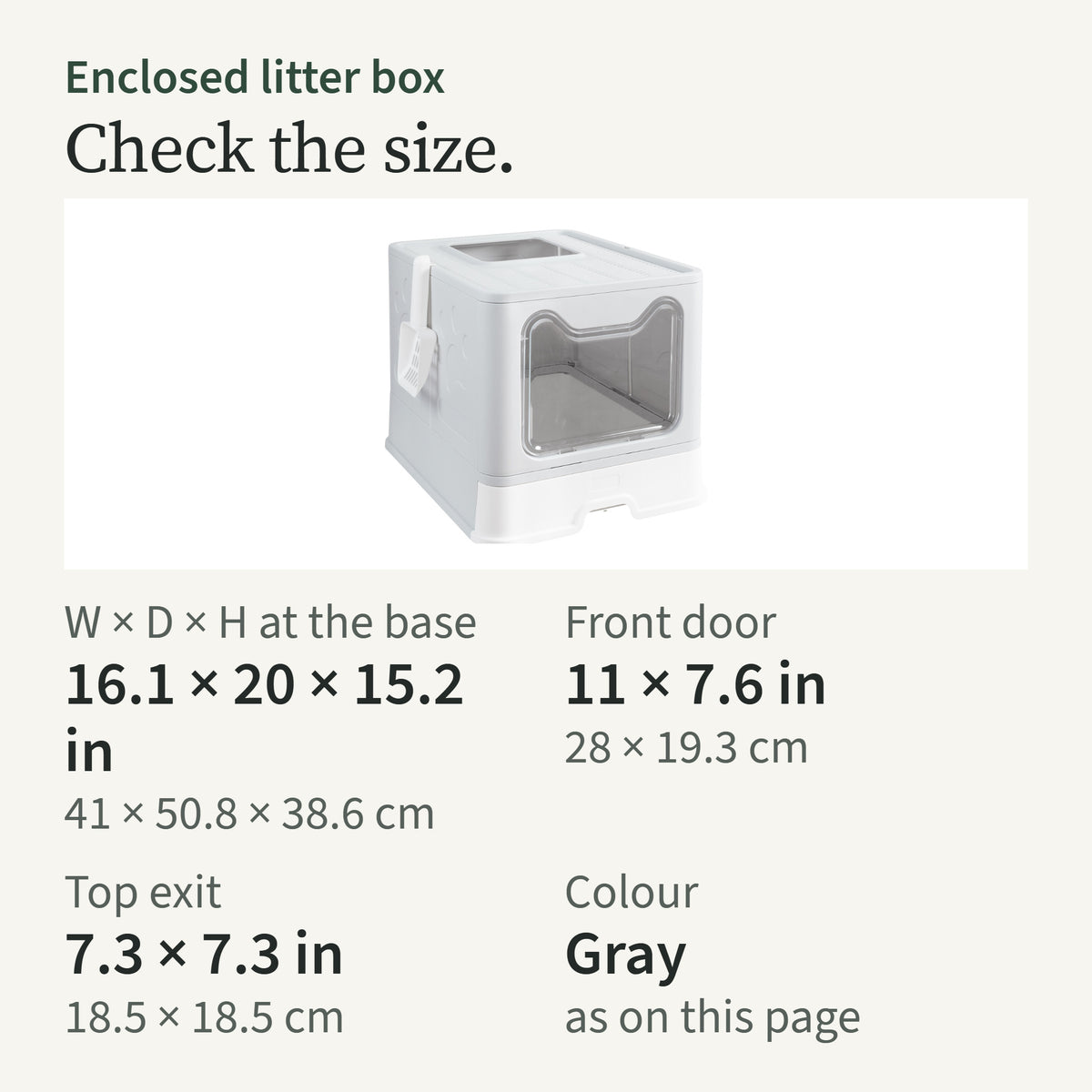 Size card: 16.1 by 20 by 15.2 in at the base; front door 11 by 7.6 in; top exit 7.3 by 7.3 in; gray
