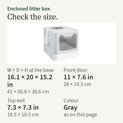 Size card: 16.1 by 20 by 15.2 in at the base; front door 11 by 7.6 in; top exit 7.3 by 7.3 in; gray