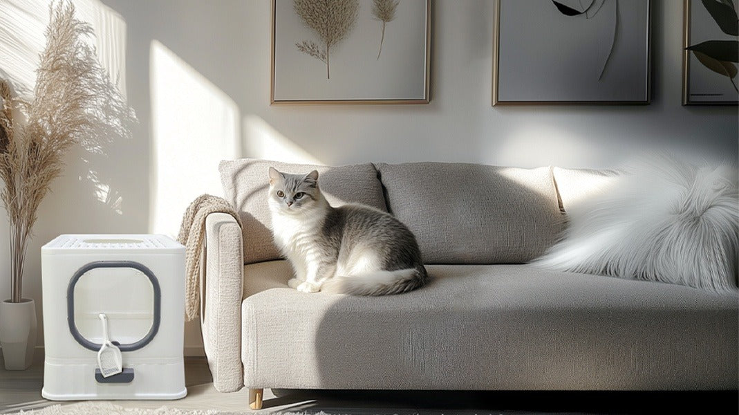 Grey and white cat resting in a living room, the white litter box with a hanging scoop at the left