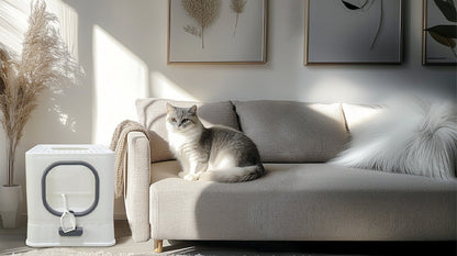 Grey and white cat resting in a living room, the white litter box with a hanging scoop at the left