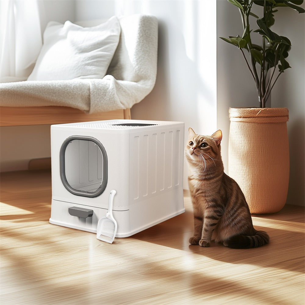 Tabby cat sitting beside the closed white litter box, a scoop hanging on its side