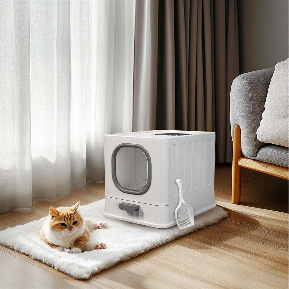 Ginger and white cat lying on a white rug next to the closed white litter box