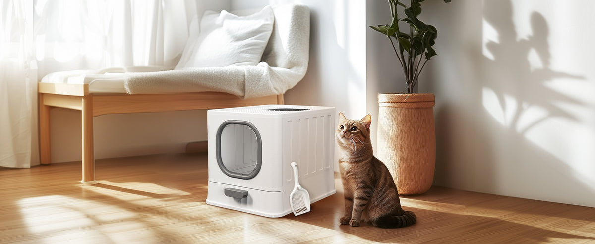 Wide view of a sunny room with a tabby cat sitting beside the closed white litter box