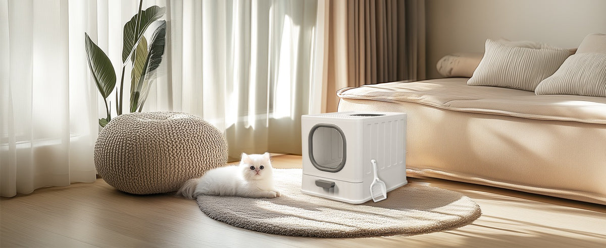 White kitten lying on a round rug beside the closed white litter box in a living room