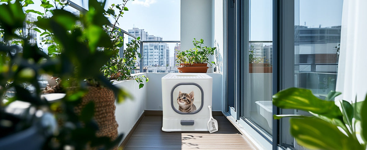 Kitten looking out through the clear front door of the white litter box on a balcony