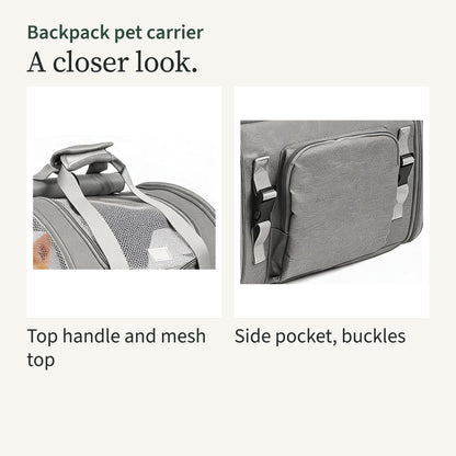 Close-ups of the top handle with the mesh top panel, and the side pocket with its two buckles