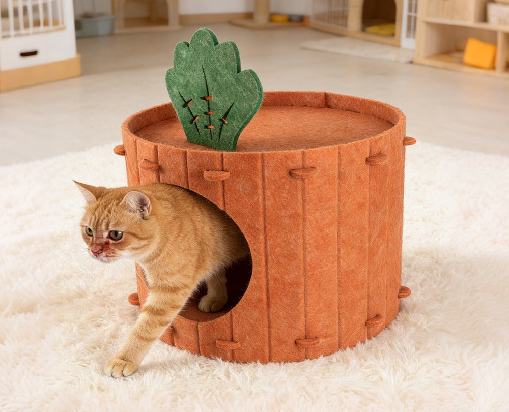 An orange tabby cat steps out of the orange felt carrot cave on a white shaggy rug