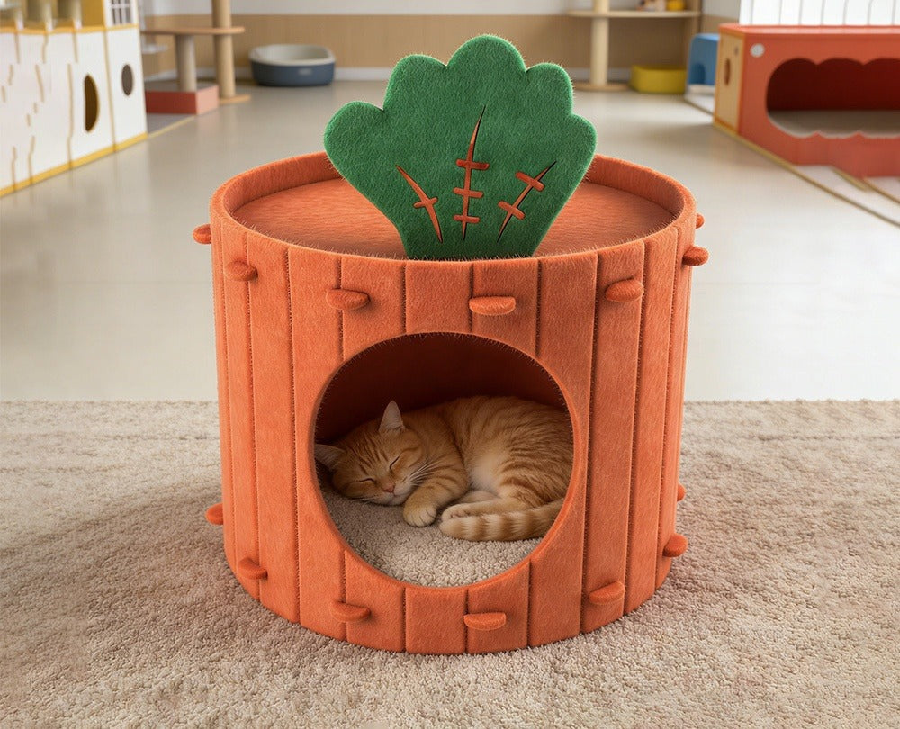 An orange tabby cat sleeps inside the orange felt carrot cave on a beige carpet