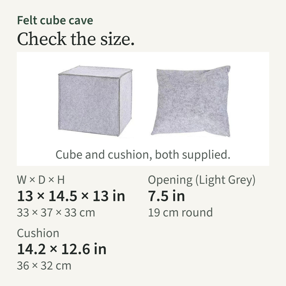 Size card: 13 by 14.5 by 13 in, 19 cm round opening, cushion 14.2 by 12.6 in