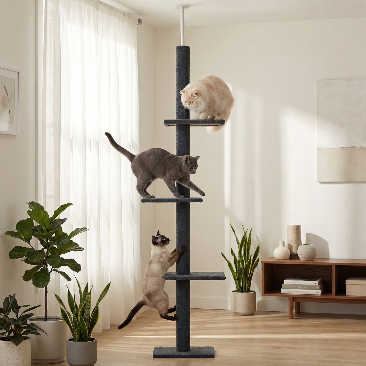 Dark grey floor-to-ceiling cat tree in a bright living room with three cats on its platforms