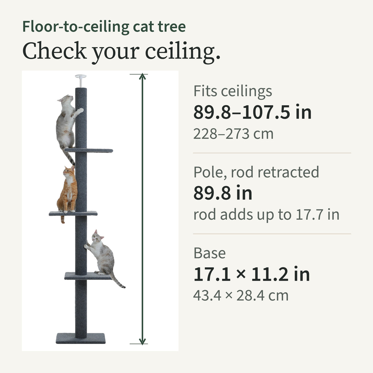 Ceiling card: fits ceilings 89.8 to 107.5 in, base 17.1 by 11.2 in