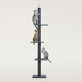 Dark grey floor-to-ceiling cat tree pole with three platforms, a ceiling cap and three cats climbing
