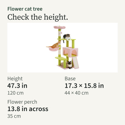 Height card: 47.3 in (120 cm) tall, base 17.3 by 15.8 in, flower perch 13.8 in across