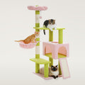 Green and pink flower cat tree with a flower-shaped top perch, basket, condo and ramp, three cats