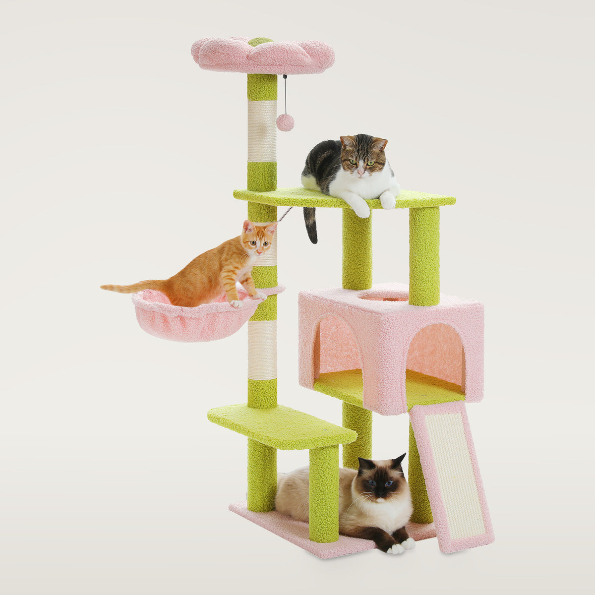 Green and pink flower cat tree with a flower-shaped top perch, basket, condo and ramp, three cats