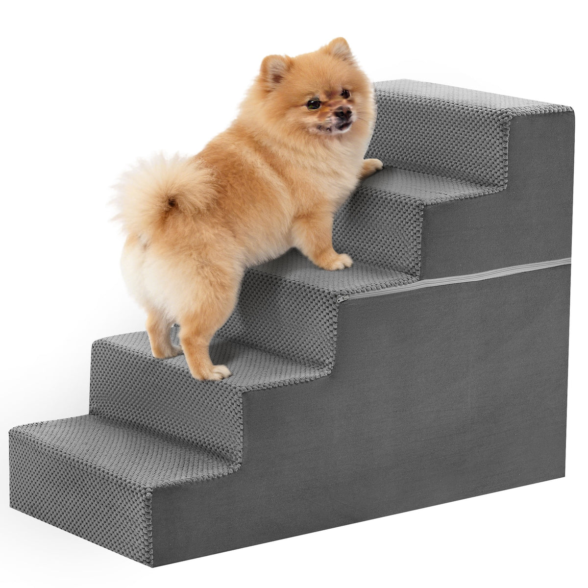 A Pomeranian climbs grey 5-step foam dog stairs with a textured tread cover and a side zip
