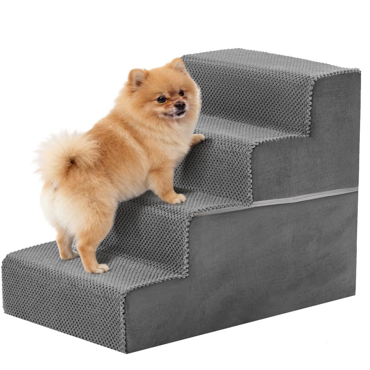 A Pomeranian climbs grey 4-step foam dog stairs with a textured cover, on a white background