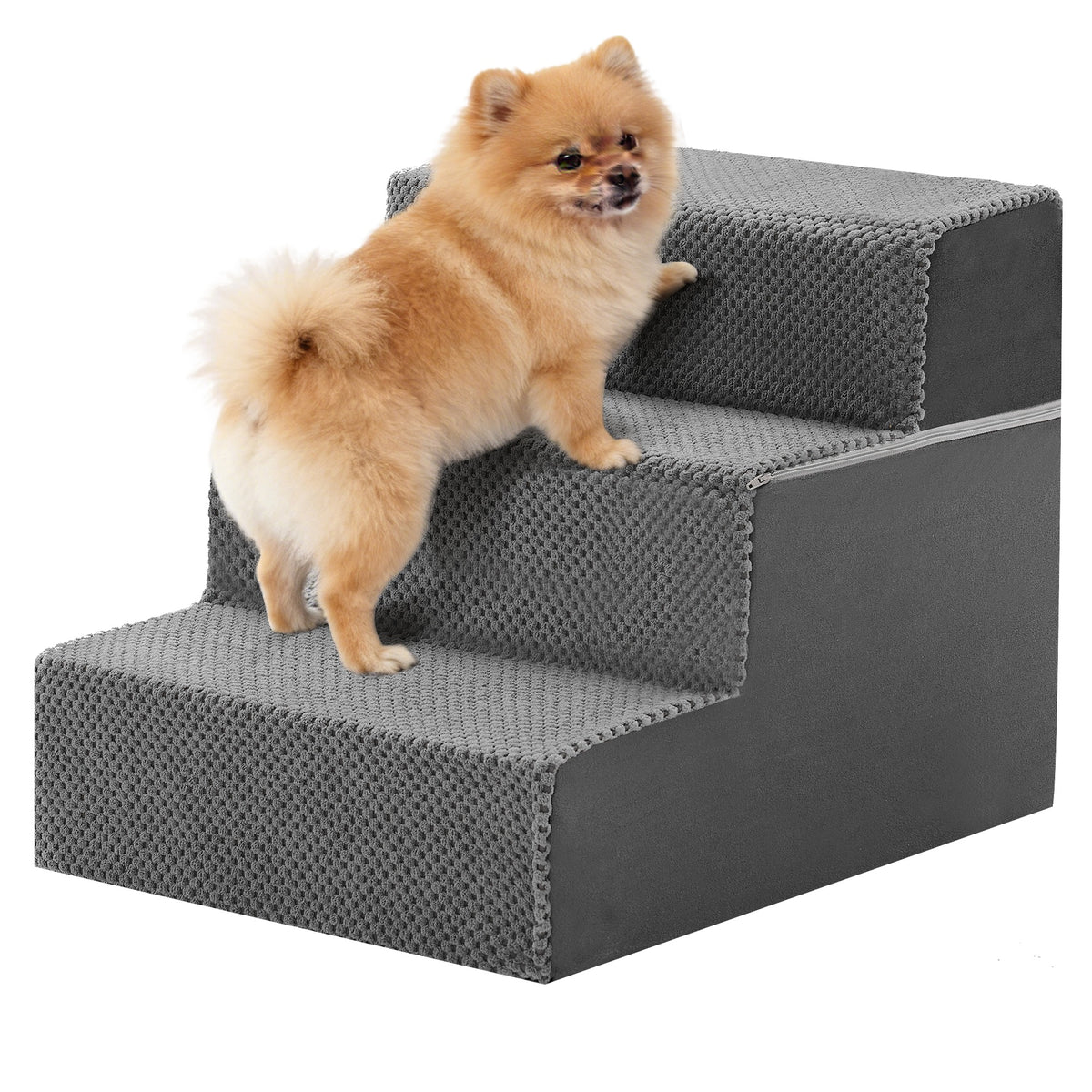 A Pomeranian stands on grey 3-step foam dog stairs with a textured cover and a side zip